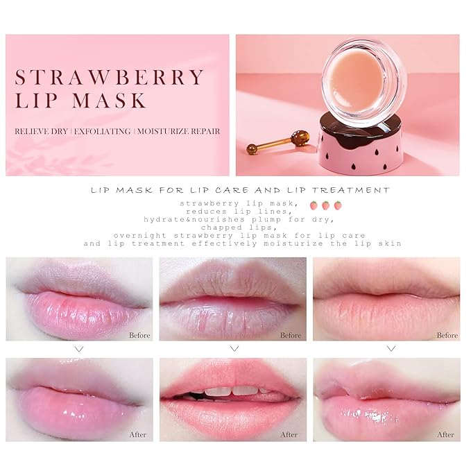 2PCs Strawberry Lip Sleeping Mask,Bee Lip Balm Honey Pot, Bee Lip Honey Pot with Wand Nourishes Lips, Overnight Strawberry Propolis Honey Balm Lip Mask for Lip Care Moisturize Lip Skin-FemmiqueWomen