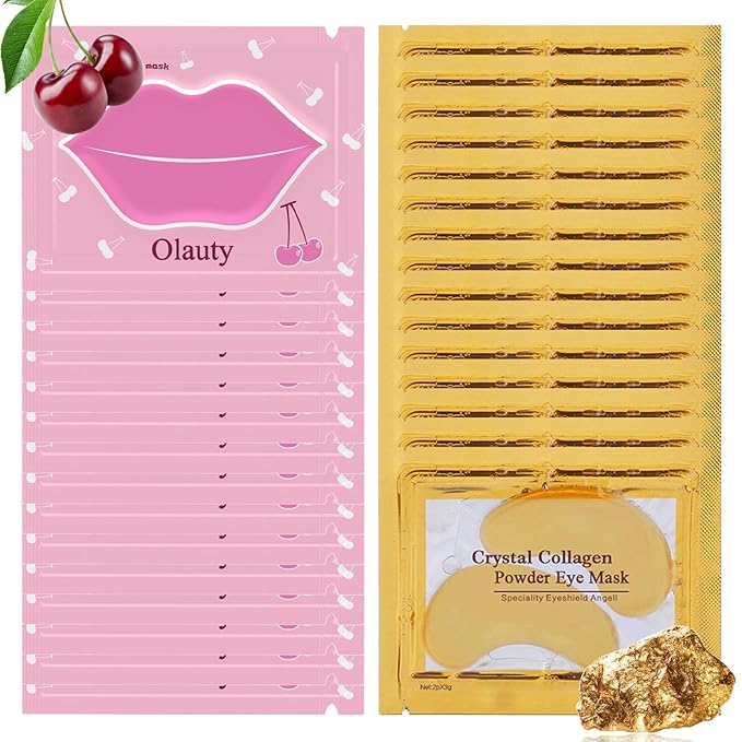 30 Pieces Lip Mask & Under Eye Mask,24K Gold Gel Crystal Collagen Eye Patches, Cherry Lip Masks Skincare,Moisturizing& Reducing Reducing Fine Lines & Dark Circle for Puffy Eyes-FemmiqueWomen