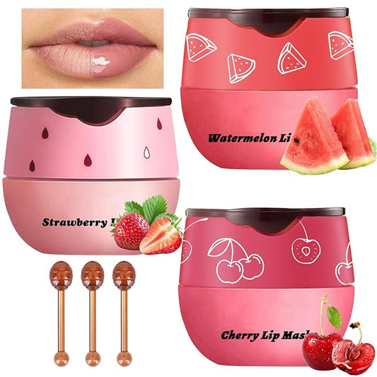 3Pcs Lip Balm Honey Pot with Stick, Honey Strawberry Apple Moisturizing and Hydrating Sleeping Lip Mask, Day and Night Repair and Care, Improve Lip Color, Reduce Lip Lines (SET C)-FemmiqueWomen
