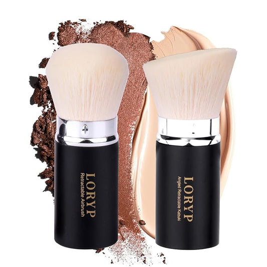 LORYP Retractable Makeup Brush Matte Black Kabuki Foundation Brush for liquid Cream and Powder Makeup 2 Pack Travel Makeup Brush Set-FemmiqueWomen
