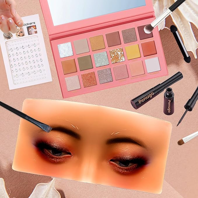 Mannequin Face for Makeup Practice, Makeup Practice Face Board with Makeup Brushes Rhinestones Sticker, Silicone Makeup Mannequin Face for Makeup Artist Supplies(Wheat colored)-FemmiqueWomen