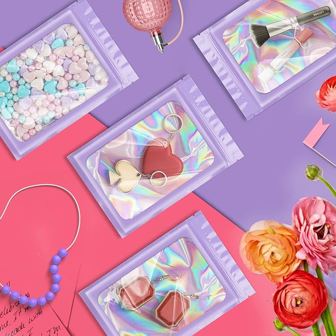 100 Pieces Smell Proof Mylar Bags, Holographic Packaging Bags, Resealable Odor Foil Pouch Zipper Bag with Clear Window for Food Storage and Lipgloss, Jewelry Lash (Purple, 3 x 4.7 Inch)-FemmiqueWomen