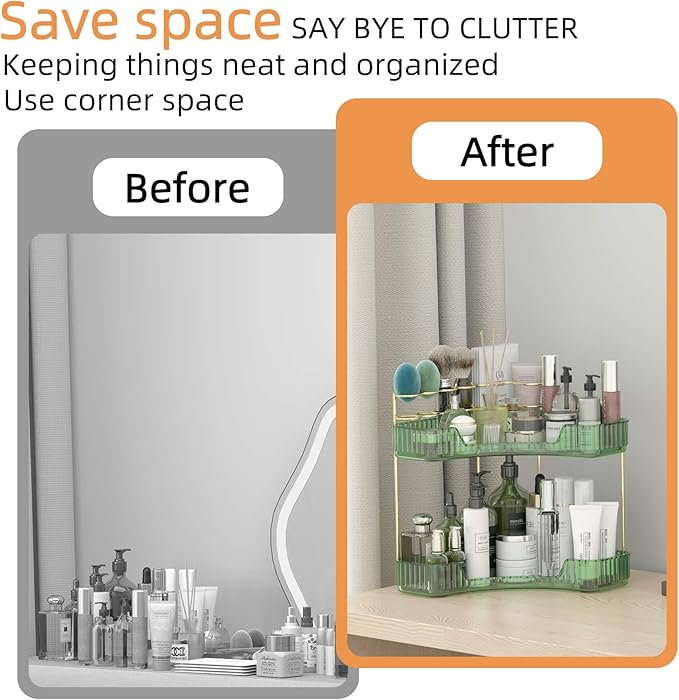 2 Tier Corner Bathroom Organizer Countertop, Vanity Makeup Organizer with Brush Holder, Space-Saving Skincare Storage Corner Shelf for Bathroom, Dressing Table, Kitchen-FemmiqueWomen