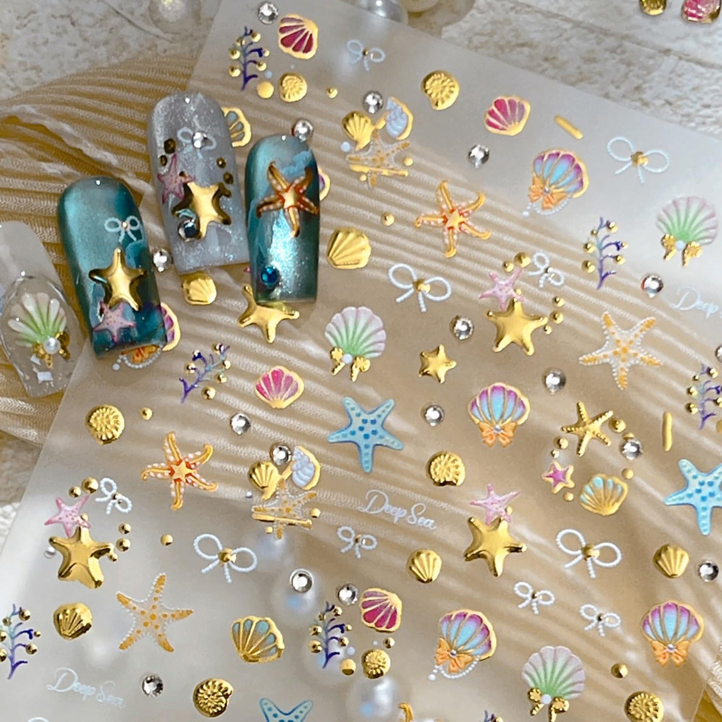 1 Sheets Summer Beach Nail Decals for Nail Art Gold Seashell Starfish Nail Stickers with Diamond Designs Coral Conch Bow Nail Art Stickers 5D Self-Adhesive Ocean Nail Design Supplies for Women-FemmiqueWomen