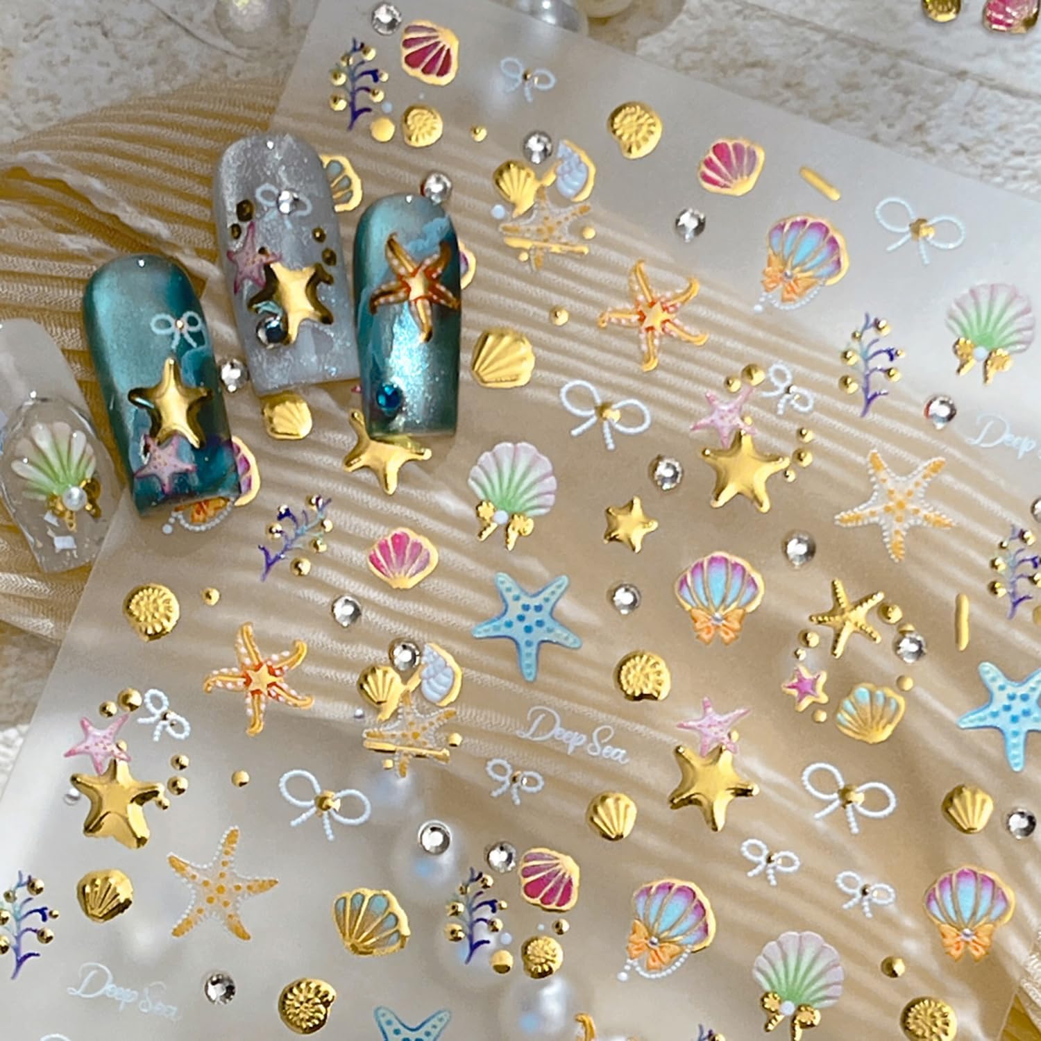 1 Sheets Summer Beach Nail Decals for Nail Art Gold Seashell Starfish Nail Stickers with Diamond Designs Coral Conch Bow Nail Art Stickers 5D Self-Adhesive Ocean Nail Design Supplies for Women-FemmiqueWomen