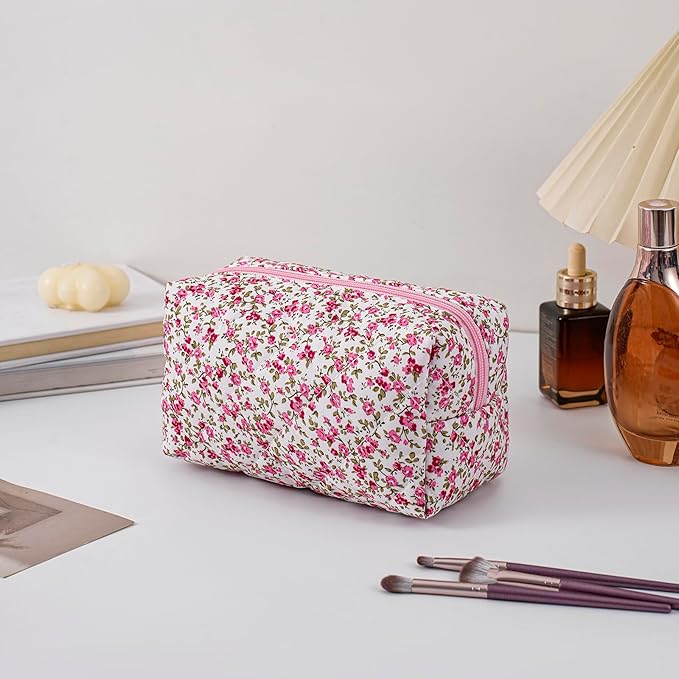 Makeup Bag Travel Cosmetic Bag for Women Girls, Zipper Make Up Pouch, Floral Flowers Toiletry Organizer Makeup, Portable Storage Cosmetic Travel Cloth Bag (Red-Floral)-FemmiqueWomen