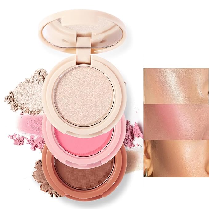 3-in-1 Blendable Trio, Contour and Highlight Blush Makeup Palette, Cream Bronzer, Silky Smooth Powder Blush, Shimmer Highlighter Makeup Powder, Pink Brown Eyeshadow Palette with Mirror(01)-FemmiqueWomen