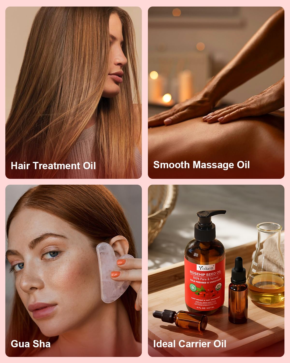 Yoken Rosehip Seed Oil Organic, USDA Certified 100% Pure Rosehip Oils for Face, Hair & Body, 8 fl oz Cold Pressed Rose Hip oil for Skin Moisturizing, Scar Fading, Gua Sha, Massage, Carrier Oil DIY-FemmiqueWomen