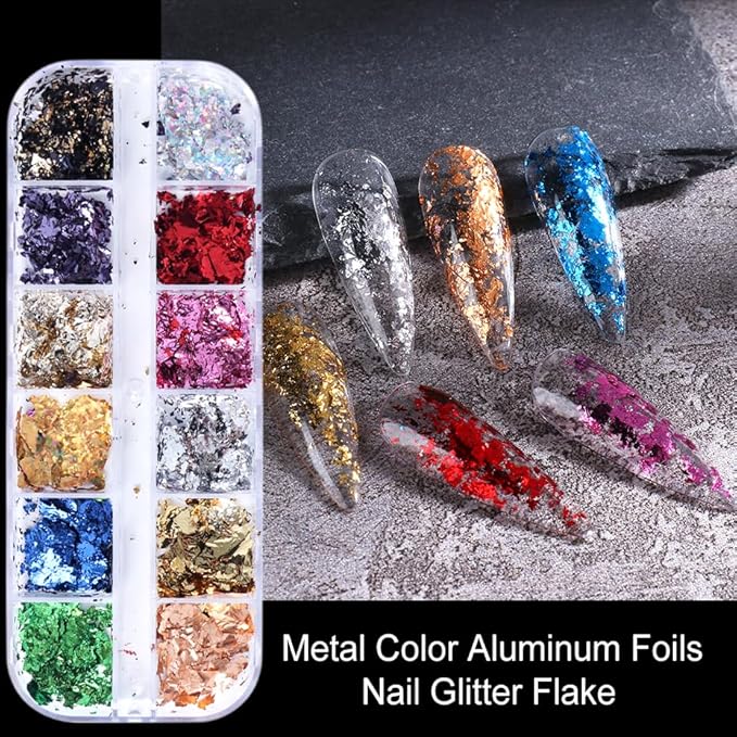 24Grid Aurora Opal Iridescent Nails Mermaid Flake Powder,Holographic Metal Color Gold Silver Confetti Nail Art Foil Paillettes,Irregular Glitter Sparkly Sequin Design for Manicure Decoration-FemmiqueWomen