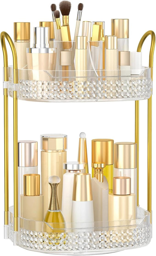 360 Rotating Makeup Organizer 2 Tier, Large Skincare Clear Make Up Storage Spinning Perfume Organizers for Bathroom Counter Dresser, White-FemmiqueWomen