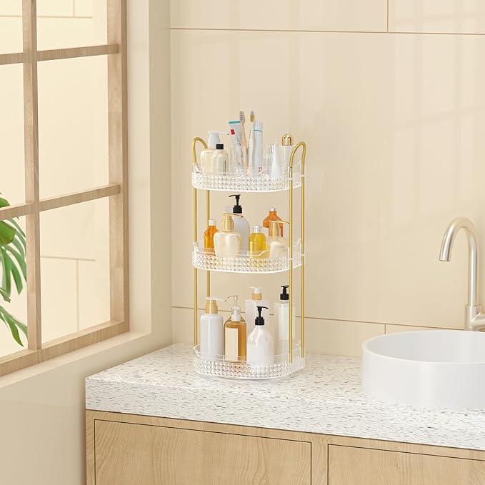 Rotating Makeup Organizer for Vanity 3 Tier, Perfume Organizer with Makeup Brush Holder, Large Capacity Cosmetics Clear Skincare Organizer for Countertop (Transparent)-FemmiqueWomen