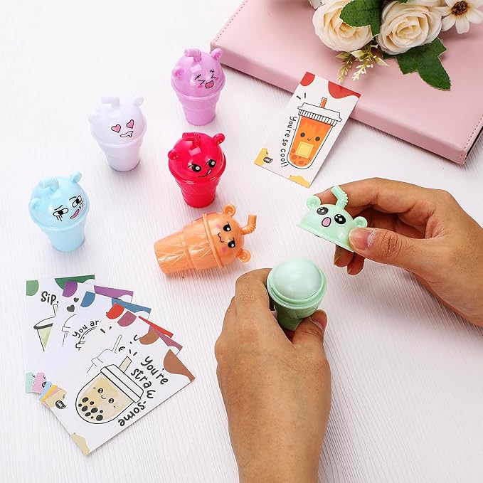24 Sets Milk Tea Shaped Cute Lip Balm Fruit Flavored Lip Balm with Milk Tea Theme Gift Cards Milk Tea Boba Lover Birthday Baby Shower Party Inspirational Gifts Favors for Girls Kids Women-FemmiqueWomen