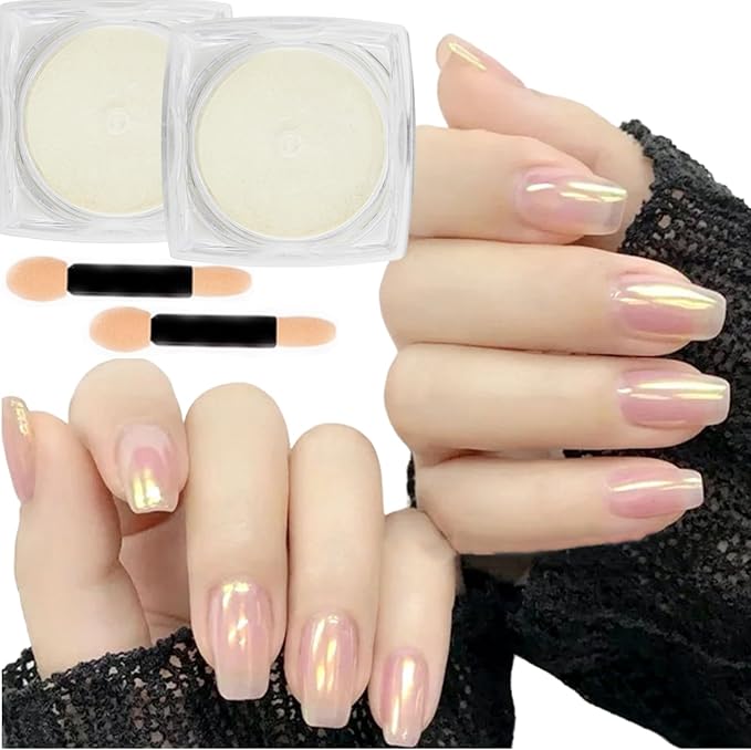2 Pcs Aurora Chrome Powder for Nails White Iridescent Nail Powder,Mermaid Chrome Nail Pearl Powder Chameleon Chrome Nail Powder Manicure Pigment(2 Pcs Aurora)-FemmiqueWomen