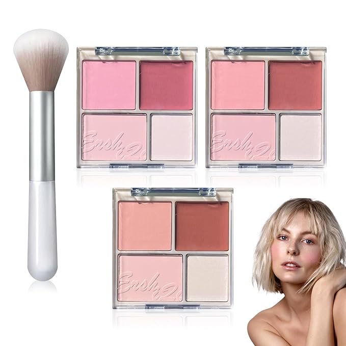 3Pcs 4 Colors Blush Palette,Matte Contour Makeup Blush for Cheeks,Waterproofing Highly Pigmented Face Cheek Blusher with Make Up Brush A1-FemmiqueWomen