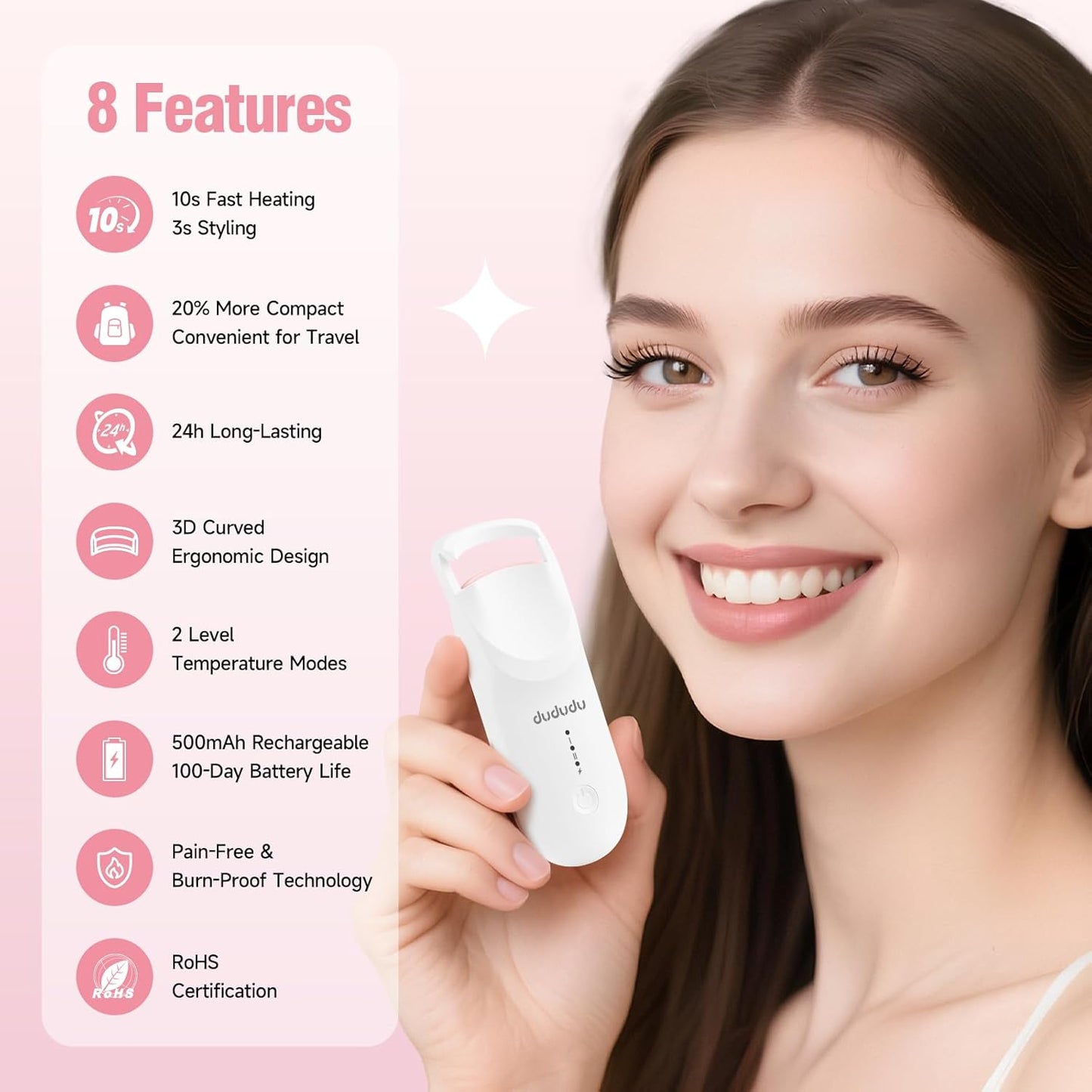 DUDUDU Heated Eyelash Curler, Portable Travel-Size Mini Electric Heated Lash Curler - 2-Level Adjustable Temp & Type-C Recharge, 10S Heat 3S Style 24H Lift for Long-Lasting Natural Effortless Curves-FemmiqueWomen