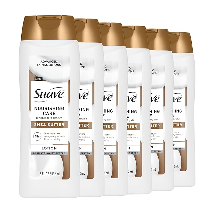 Suave Nourishing Care Hand & Body Lotion with Shea Butter for Women, Deep Moisture for Dry Skin, Fast Absorbing, Allergen Free Moisturizing Cream, 18FL OZ, 6 Pack-FemmiqueWomen