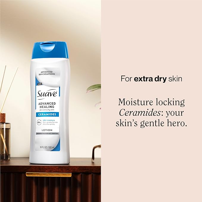 Suave+ Advanced Healing Hand & Body Lotion for Women With Ceramides for Very Dry Skin, Hydrating, Non-Greasy, Allergen-Free Moisturizing Cream, Lightly Scented, 18 FL OZ, 6 Pack-FemmiqueWomen