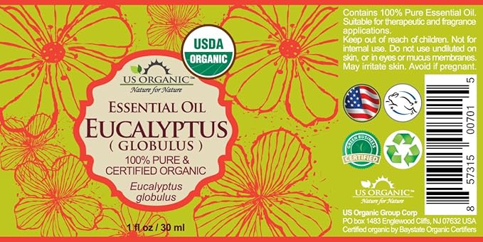 US Organic 100% Pure Eucalyptus Essential Oil (Globulus) - USDA Certified Organic, Steam Distilled - W/Euro droppers (More Size Variations Available) (30 ml / 1 fl oz)-FemmiqueWomen