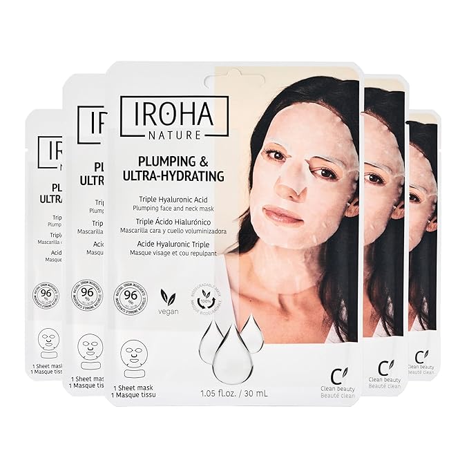 IROHA NATURE Replumping & Anti-Aging Tissue Face Mask (Pack of 5) | With Triple Hyaluronic Acid | Deep Hydration & Anti-Aging Effect | For Softer Skin | 100% Vegan-FemmiqueWomen