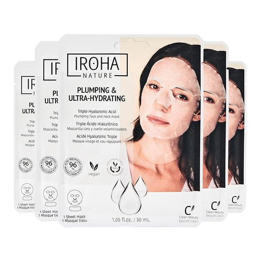 IROHA NATURE Replumping & Anti-Aging Tissue Face Mask (Pack of 5) | With Triple Hyaluronic Acid | Deep Hydration & Anti-Aging Effect | For Softer Skin | 100% Vegan-FemmiqueWomen