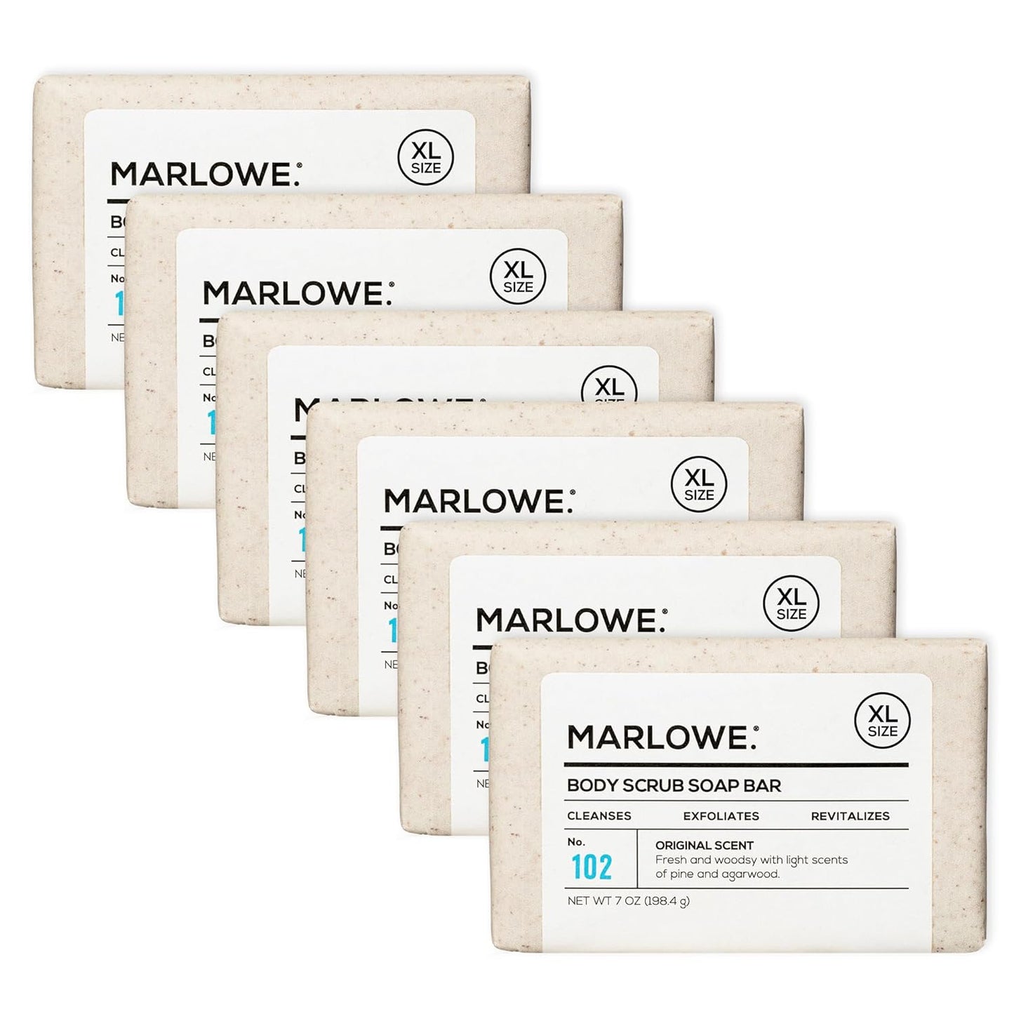 MARLOWE. No. 102 Body Scrub Soap 7 oz (6 Bars) Exfoliating Soap Bar with Shea Butter, Olive Oil & Green Tea, Cleanses & Smooths, Sage & Fir Scent-FemmiqueWomen