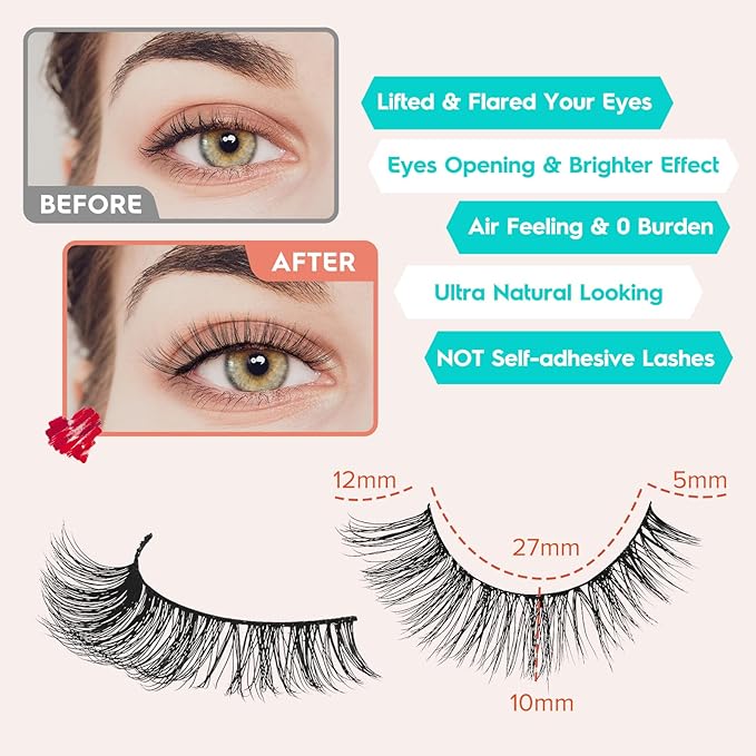 Lashes Wispy False Eyelashes Cat Eye Lashes Natural Look 3D Volume Fake Eyelashes Thin Band Lashes 12mm Natural Eye Lashes C Curl Siligli Lashes Pack 10 Pair-FemmiqueWomen