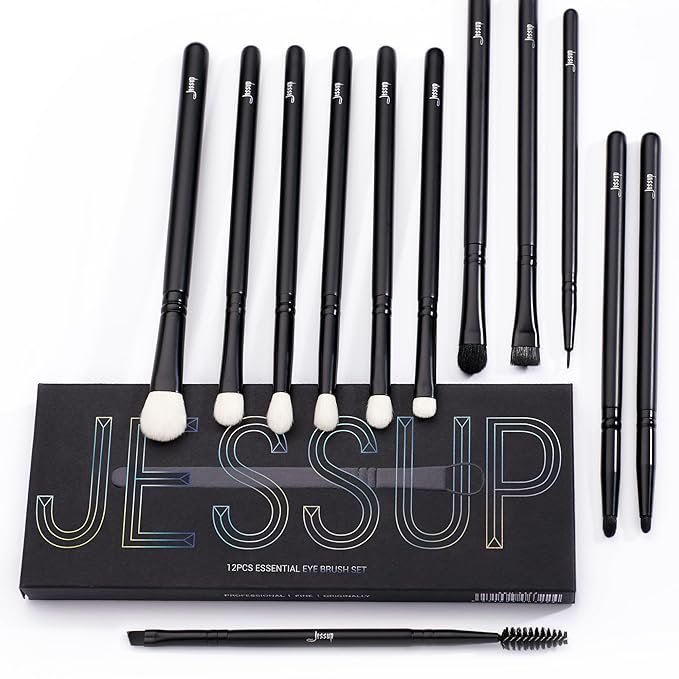 Jessup Eyeshadow Brush Set 12pcs Black Eye Makeup Brushes Set Professional with Natural Synthetic Hair for Eyebrow Eyelash Eyeliner Spoolie Blending, T322-FemmiqueWomen
