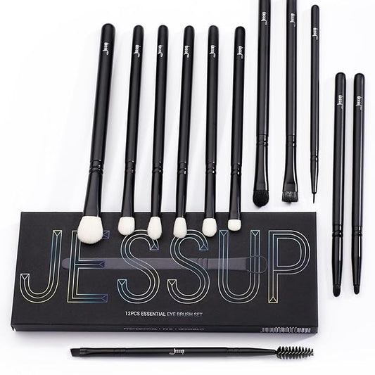 Jessup Eyeshadow Brush Set 12pcs Black Eye Makeup Brushes Set Professional with Natural Synthetic Hair for Eyebrow Eyelash Eyeliner Spoolie Blending, T322-FemmiqueWomen