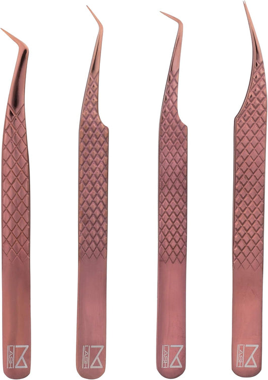 M LASH Eyelash Extension Tweezers (Set of 4) - Professional & Precision Lash Tweezers for Eyelash Extensions - Japanese Steel, Diamond Grip, Fiber Tip V3 (Rose Gold)-FemmiqueWomen