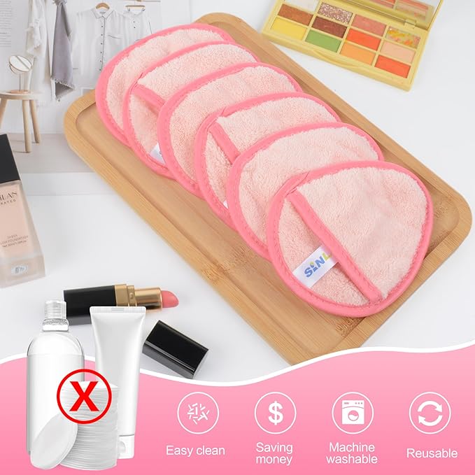 SINLAND Reusable Makeup Remover Pads For Face,Eye,Lips Microfiber Gentle Facial Cleansing Cloths for All Skin Types Friendly for Makeup Remover With Laundry Bag 5.1inchx3.93inch Pink Pack of 6-FemmiqueWomen