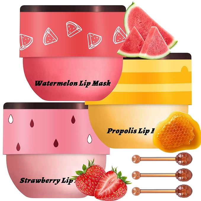 3 PCS Bee Lip Balm Honey Pot, Honey & Strawberry & Watermelon Lip Mask Overnight Propolis Moisturizing Lip Balm Hydrating Prevention Dry and Crack Lip Scrubs Exfoliator Lip Wrinkle Care (Set B)-FemmiqueWomen
