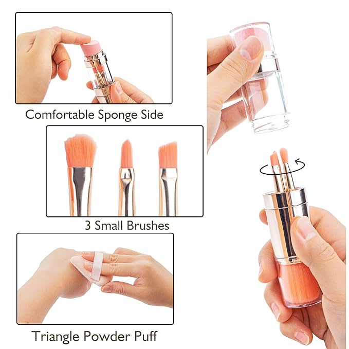 kullder Travel Makeup Brush 5 in 1 Makeup Brush set Blend Sponge Eyebrow Eyeshadow & Blush Brushes for Foundation Concealer Double Ended Makeup Brush with Powder Puff Ideal Womens Gifts-FemmiqueWomen