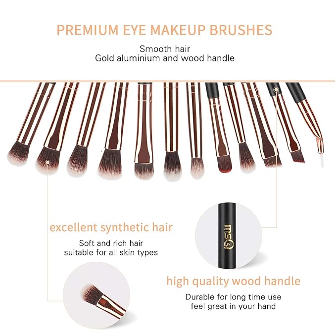 MSQ Eye Makeup Brushes 12pcs Rose Gold Eyeshadow Makeup Brushes Set with Soft Synthetic Hairs & Real Wood Handle for Eyeshadow, Eyebrow, Eyeliner, Blending(without bag)-FemmiqueWomen