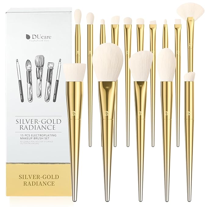 DUcare Makeup Brushes 15Pcs Makeup Brush Set with Holder Premium Synthetic Powder Foundation Contour Blush Concealer Eye Shadow Blending Liner Make Up Brush Kit gold-silver-FemmiqueWomen