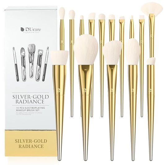 DUcare Makeup Brushes 15Pcs Makeup Brush Set with Holder Premium Synthetic Powder Foundation Contour Blush Concealer Eye Shadow Blending Liner Make Up Brush Kit gold-silver-FemmiqueWomen