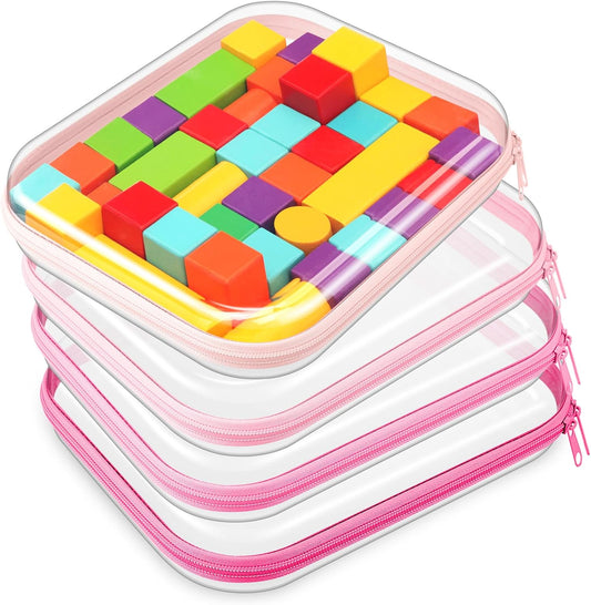 Hoolerry 4 Pcs Hard Clear Zipper Case Makeup Bags Plastic Pencil Pouch Transparent Storage Box Containers for Cosmetics, Snacks, Building Blocks, Puzzles(Pink,9.8 x 7.9 x 2 in)-FemmiqueWomen