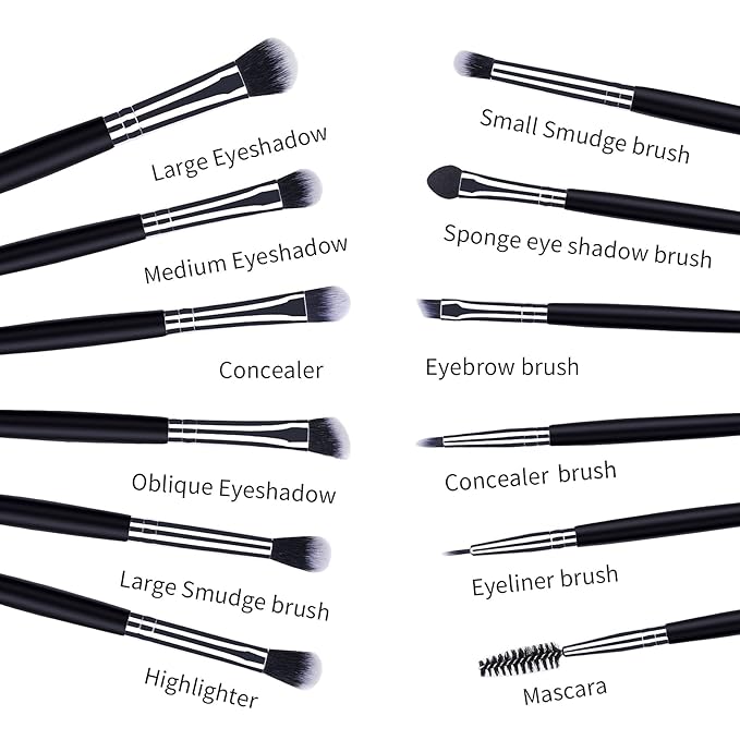MSQ Eye Makeup Brushes 12pcs Eyeshadow Makeup Brushes Set with Soft Synthetic Hairs & Real Longer Wood Handle for Eyeshadow, Eyelash,Eyebrow, Eyeliner, Blending, Conclear(Black)-FemmiqueWomen