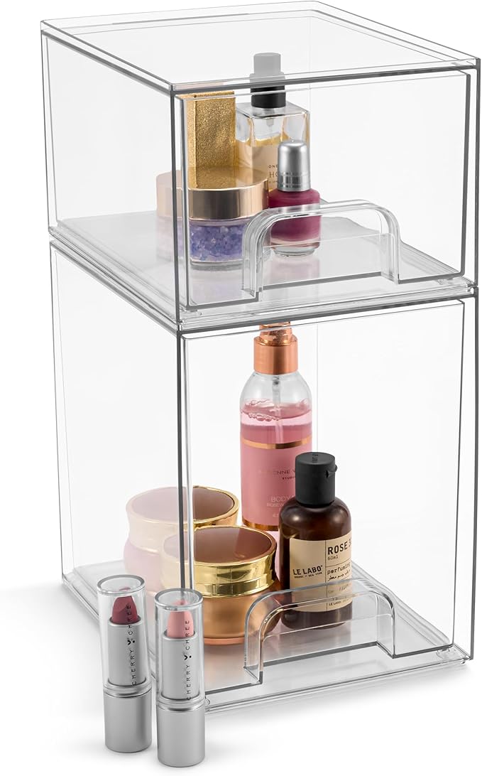 Sorbus Acrylic Storage Containers - 2 Pack, Stackable Storage Bins Set for Bathroom Organization - Clear Acrylic Drawer Organizers - Makeup Case Pull-Out Drawers (7.6’’ and 4.4’’ Tall)-FemmiqueWomen