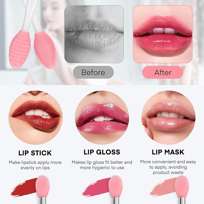Unaone Lip Scrub Brush - 2 PCS Dual-ended Lip Scrubber Exfoliator and Silicone Lip Brush, 3-in-1 Silicone Lip Scrub Tool Lip Mask Applicator, Gentle Exfoliator & Applicator for Soft-FemmiqueWomen