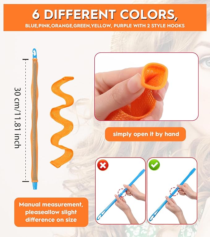 30 Pcs Heatless Hair Curlers Wave Curls Styling Kit with 2 Pcs Styling Hooks, No Heat Hair Curlers Heatless Wave Curlers for Women Girls Long Medium Short Hair (6 Colors, 30 cm/11.81 inch)-FemmiqueWomen