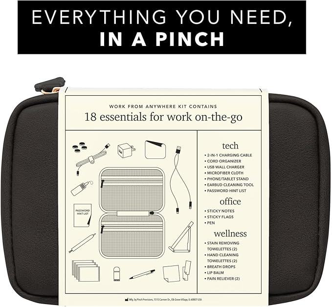 Pinch Provisions Work from Anywhere Kit, Includes 18 Essentials to Help You Stay on Task, Must-Have Essentials, Compact Multi-Functional Vegan Leather Pouch, Black-FemmiqueWomen
