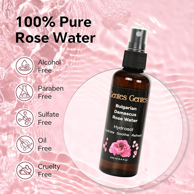 100% Pure Bulgarian Damascus Rose Water Hydrosol – Luxury Facial Toner for Hydration & Radiant Skin, Body Mist & Pillow Spray | Natural Skincare | 3.4 fl oz-FemmiqueWomen