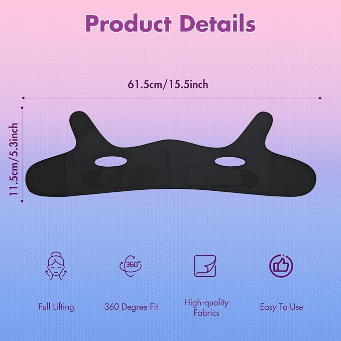 2 Pack Face Slimming Strap, Double Chin Reducer Band, Graphene V-Line Mask Chin Up Mask V Shaped Face Mask Chin strap for sleeping, V-Line Lifting Mask for Women, Medium, Black and Pink-FemmiqueWomen