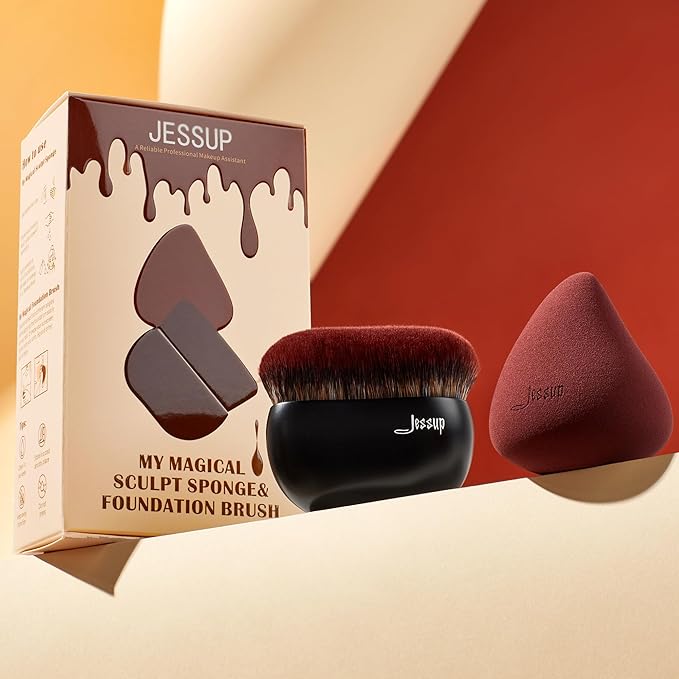 Jessup Foundation Brush with Makeup Sponge, Black Makeup Brush Flat Top Kabuki Brush for Liquid Blending Stippling, T881-FemmiqueWomen