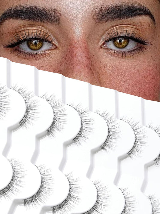 False Lashes Eyelashes Wispy 10MM Short Lash Natural Thin Band Strip Eyelash 3D Volume C Curl 7 Pair-FemmiqueWomen