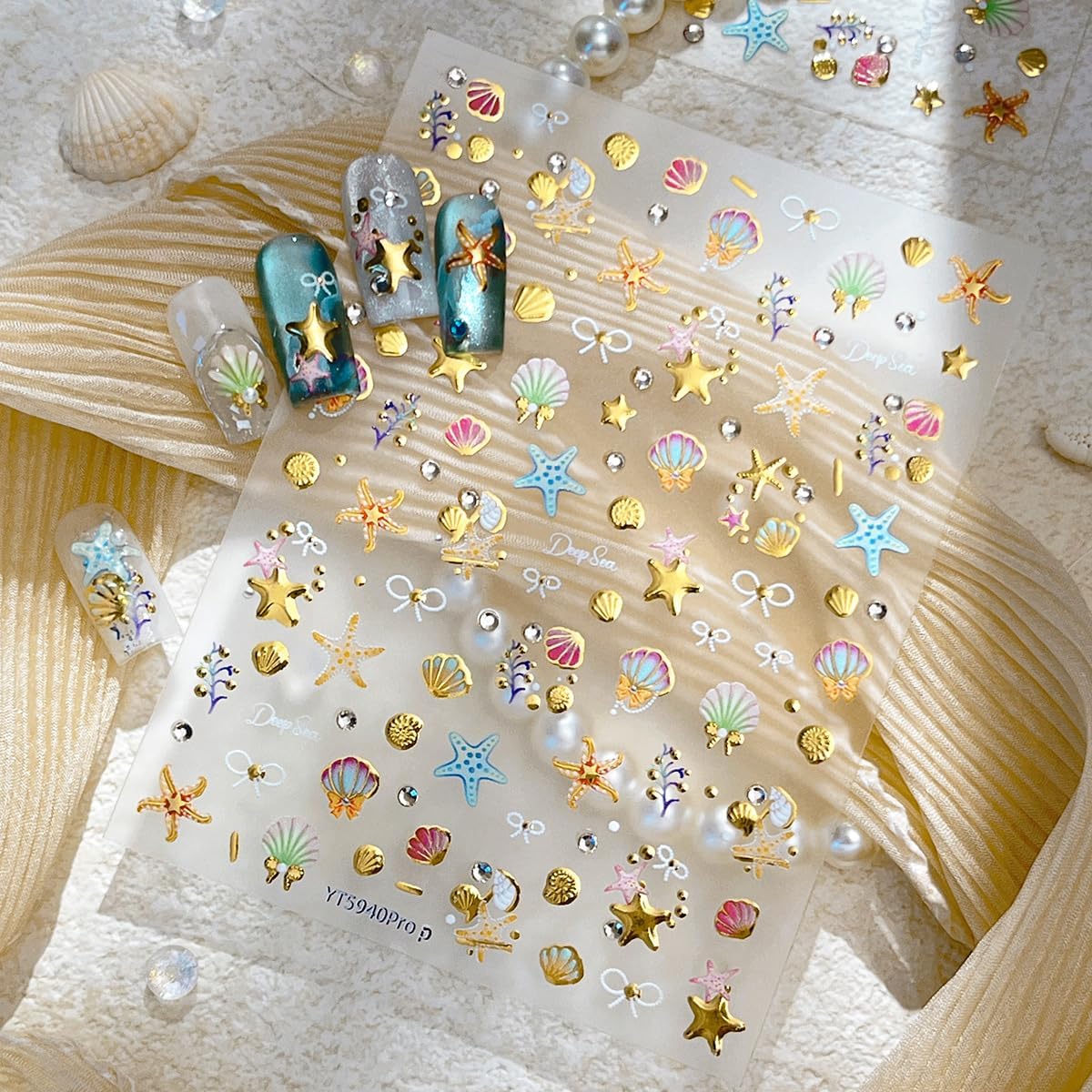 1 Sheets Summer Beach Nail Decals for Nail Art Gold Seashell Starfish Nail Stickers with Diamond Designs Coral Conch Bow Nail Art Stickers 5D Self-Adhesive Ocean Nail Design Supplies for Women-FemmiqueWomen