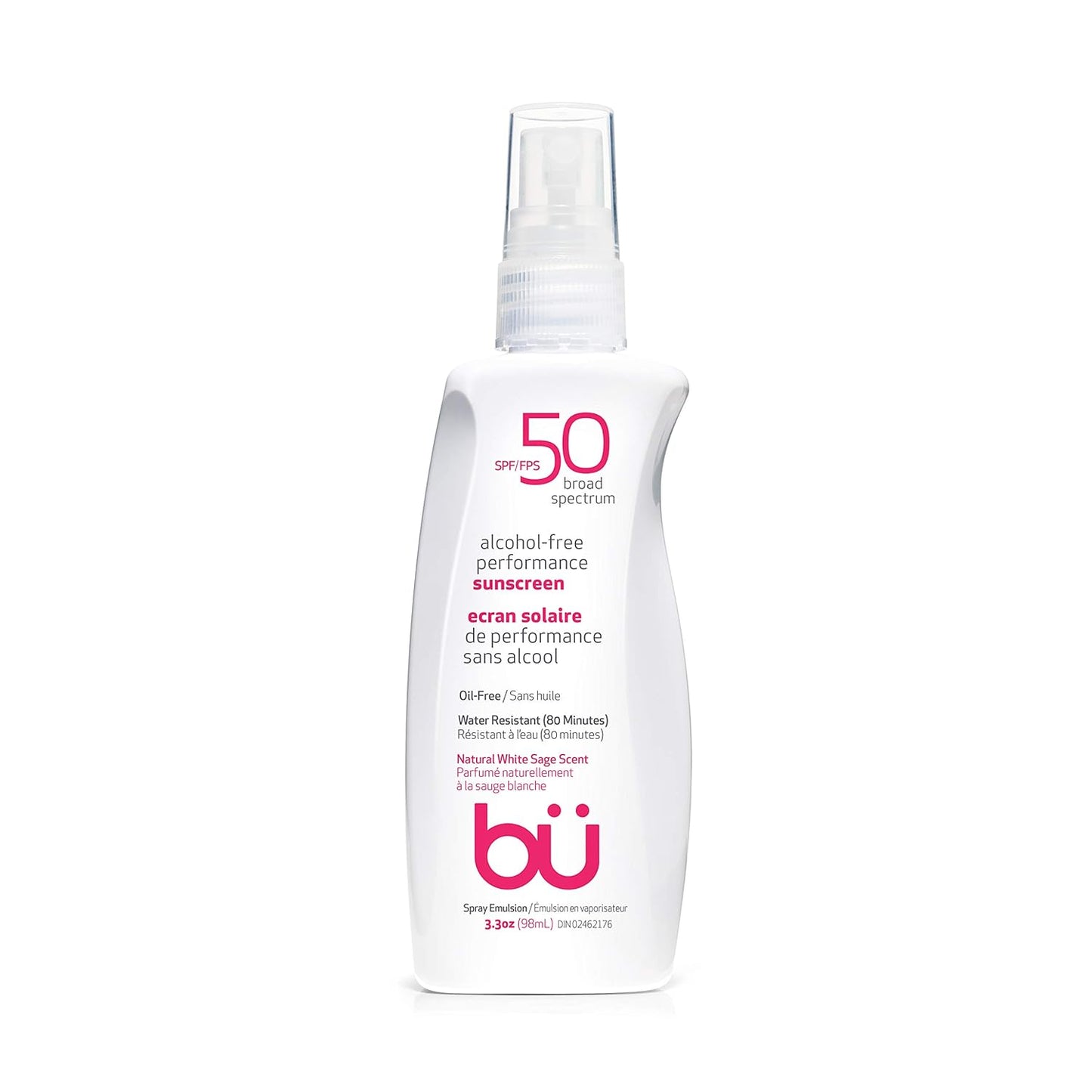 BU SPF 50 Sunscreen Spray for Face and Body, Non Aerosol Spray, TSA Travel Size Sunscreen, Clear, Non Greasy, Water Resistant, White Sage 3.3 oz-FemmiqueWomen
