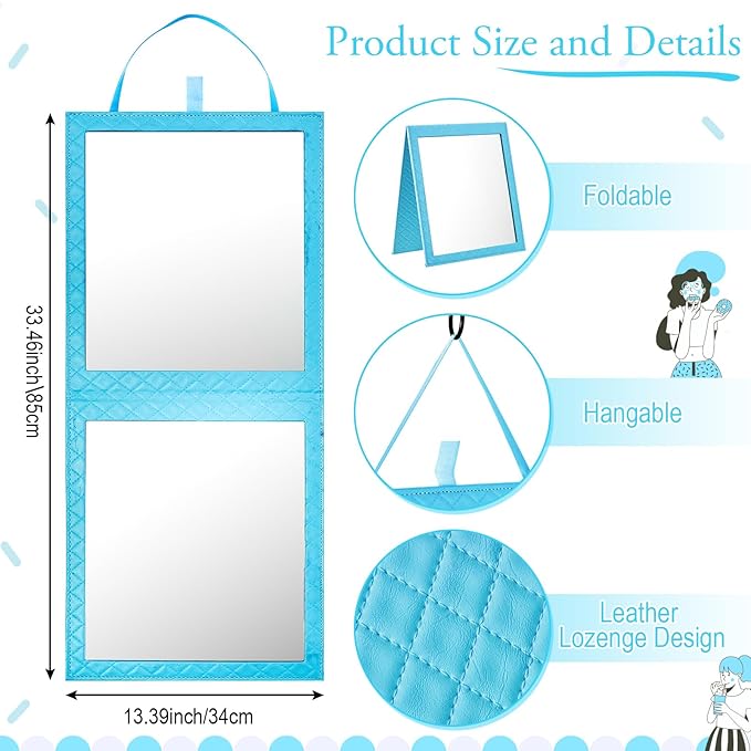 Foldable Backstage Mirror with Handle 33.5 X 13.4 Inch Leather Folding Hanging Mirror Rectangular for Travel Dance Bag Home Fitness Spa Gift for Dancers(Blue)
