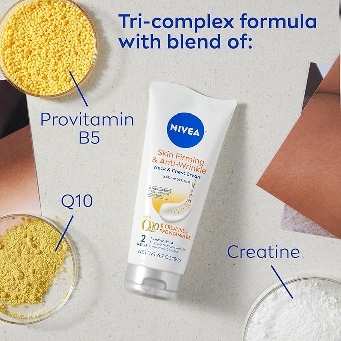 NIVEA Skin Firming & Anti Wrinkle Neck & Chest Cream with Coenzyme Q10, Creatine and Provitamin B5, Skin Firming Cream Reduces the Look of Fine Lines and Wrinkles, 6.7 Oz Tube-FemmiqueWomen