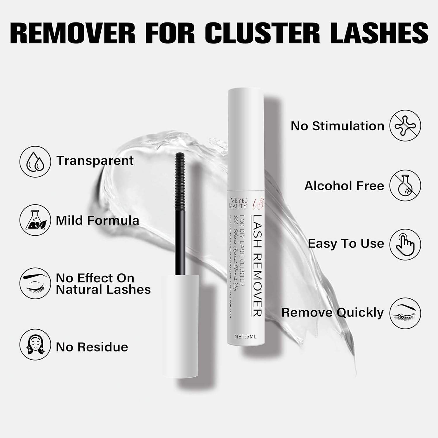 VEYESBEAUTY Cluster Lash Glue Remover 5ML Eyelash Remover for DIY Lash Extensions at home Clear Remover for Self-application Individual Lashes-FemmiqueWomen